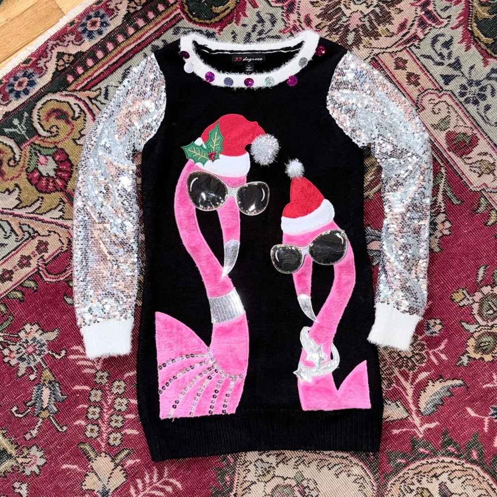 33 Degrees Christmas Flamingo Sweater Dress Womens Small Black Sequin Excellent